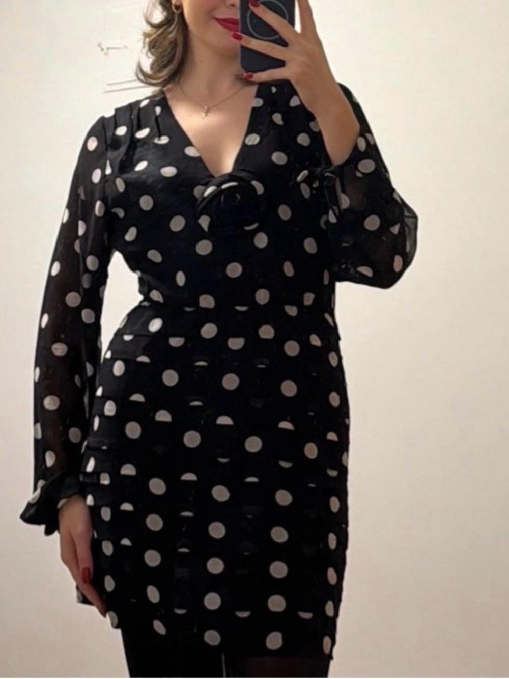 Black Polka Dot Long-Sleeve V-Neck Mini Dress